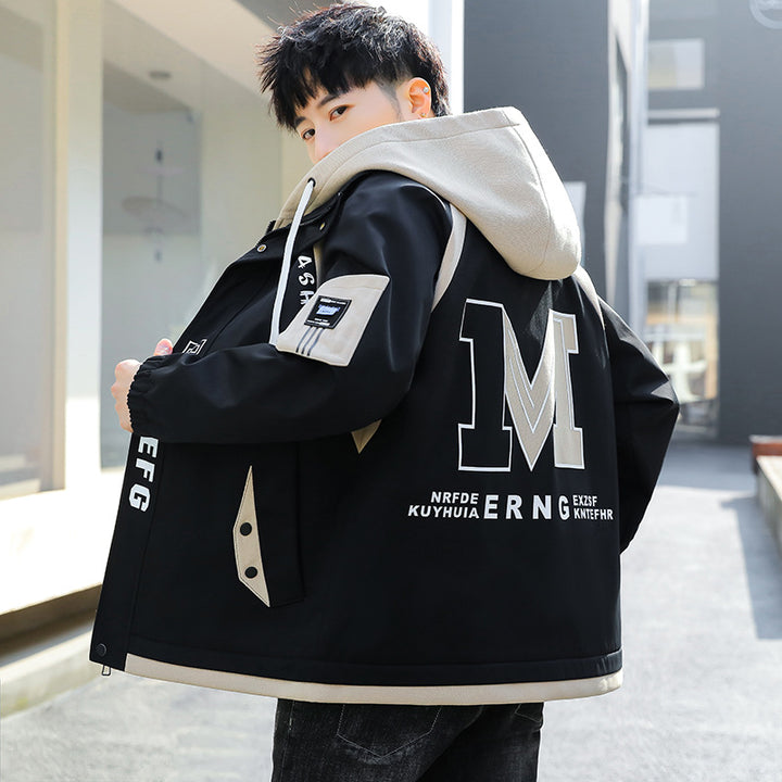 Men's Oversized Windbreaker with Hood, Sporty Front Print and Contrast Panels Mune Fashion