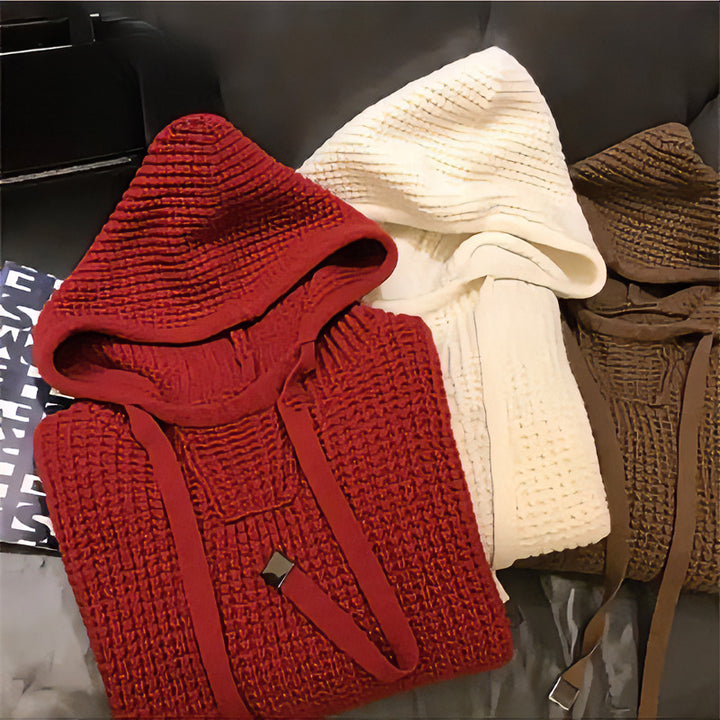 Women's coarse knitted hoodie with waffle texture and drawstring Mune Fashion