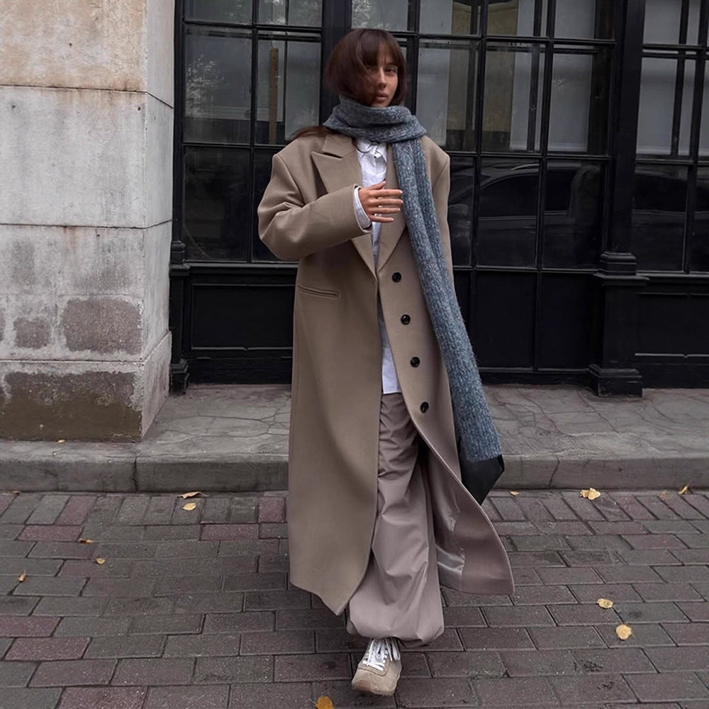 Women Maxilength Clean-Cut Wool Blend Coat with Oversized Lapels and Straight Silhouette Mune Fashion