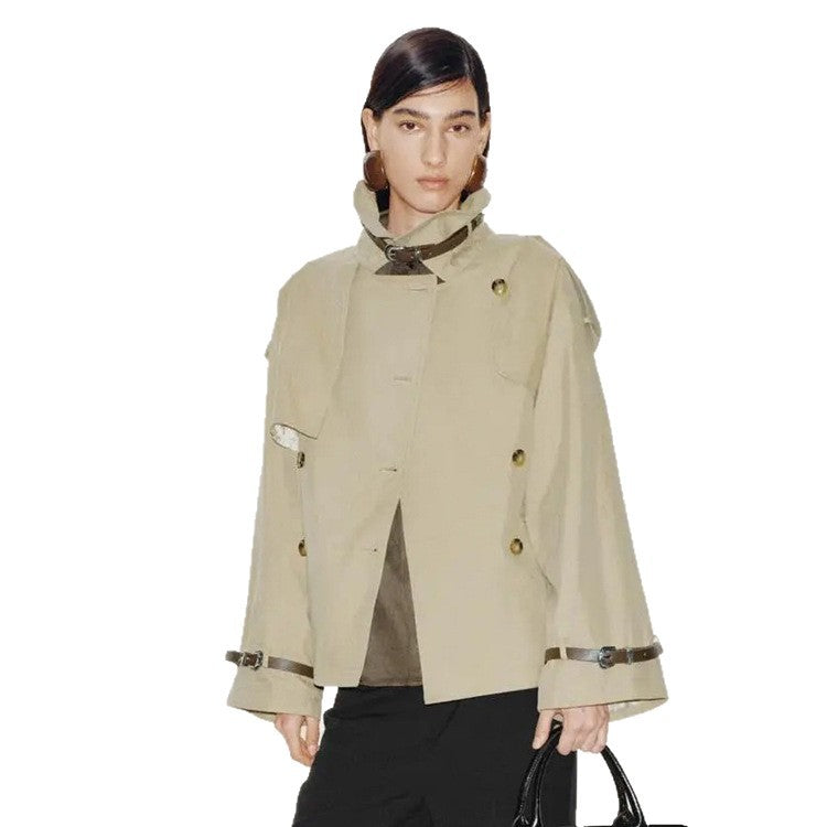 Women Short Boxy Trench Coat with Wide Lapels, Shoulder Straps and Adjustable Cuffs Mune Fashion