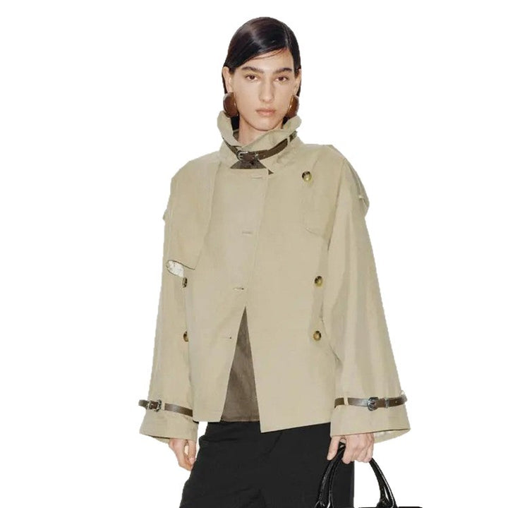Women Short Boxy Trench Coat with Wide Lapels, Shoulder Straps and Adjustable Cuffs Mune Fashion