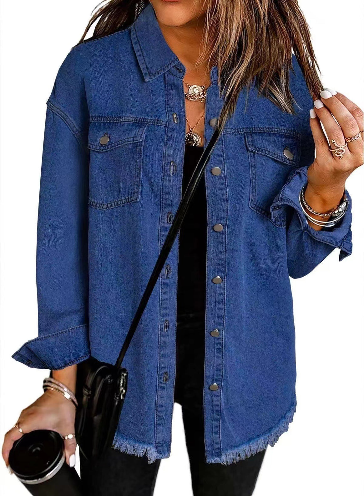 Women's Oversized Denim Shirt Jacket with Fringe Hem Mune Fashion
