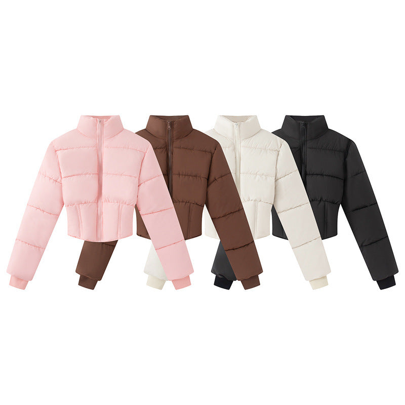 Women's cropped padded waist jacket with stand-up collar and shaping seams Mune Fashion