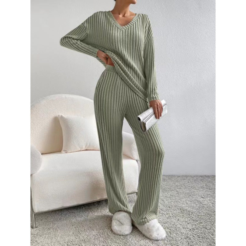 Women Cozy Ribbed Knit Loungewear Set with V-Neck and Wide Leg Mune Fashion
