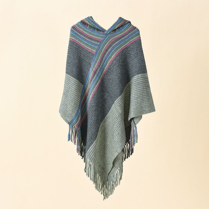 Women's Hooded Poncho in Chunky Knit with Fringe Hem Mune Fashion