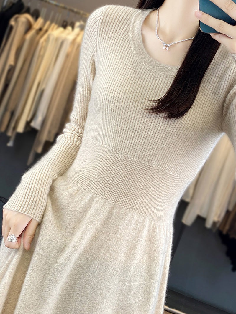 Women's Long Sleeve Midi Dress Made of Fine Knit with Tailored A-Line Silhouette Mune Fashion