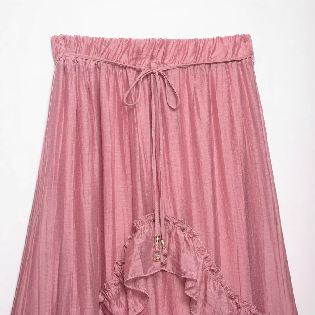 Women's tiered maxi-length skirt with ruffled tiers, elastic waistband and drawstring Mune Fashion