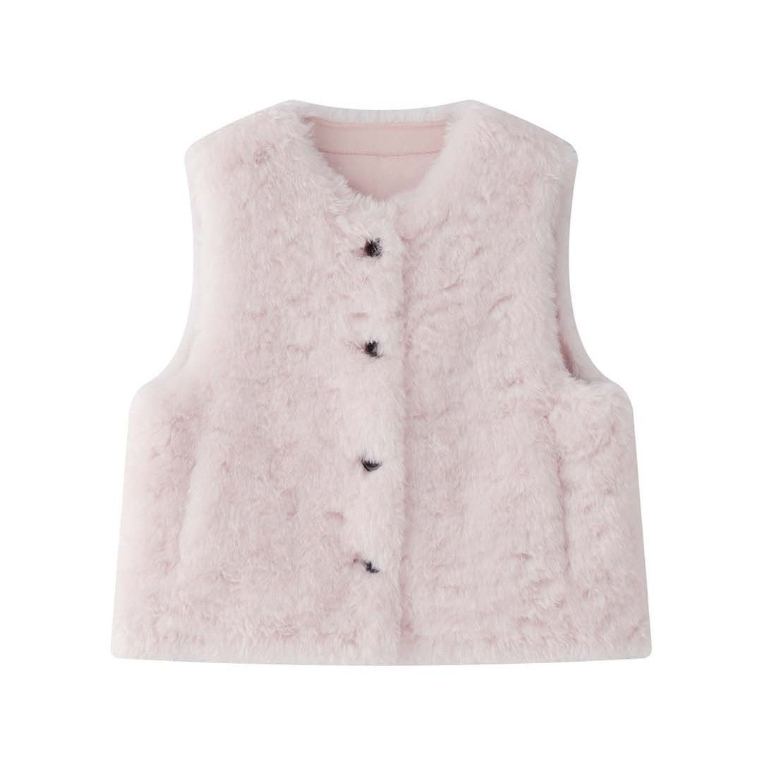 Women's Fluffy Teddy Vest with Button Closure and Round Neckline Mune Fashion