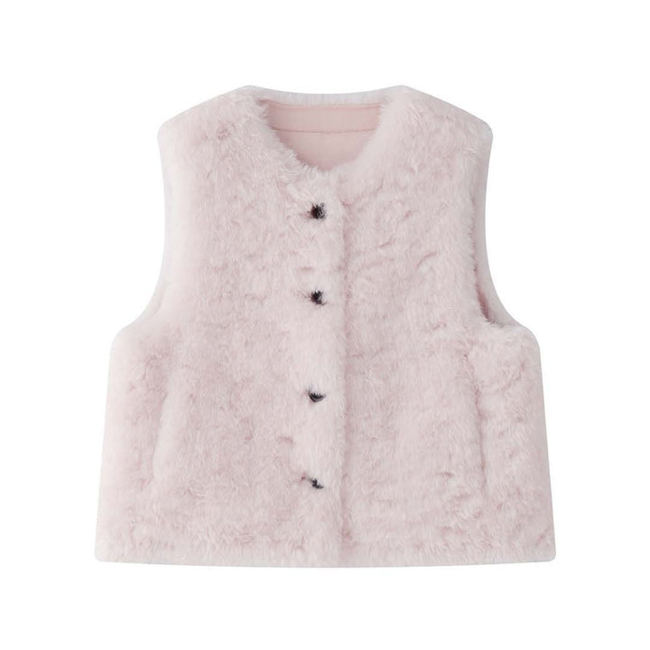 Women's Fluffy Teddy Vest with Button Closure and Round Neckline Mune Fashion