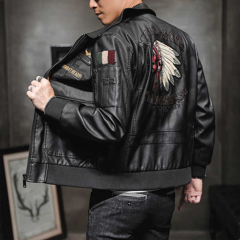 Men's bomber jacket in pilot look made of faux leather with applied patches and multifunctional pockets Mune Fashion