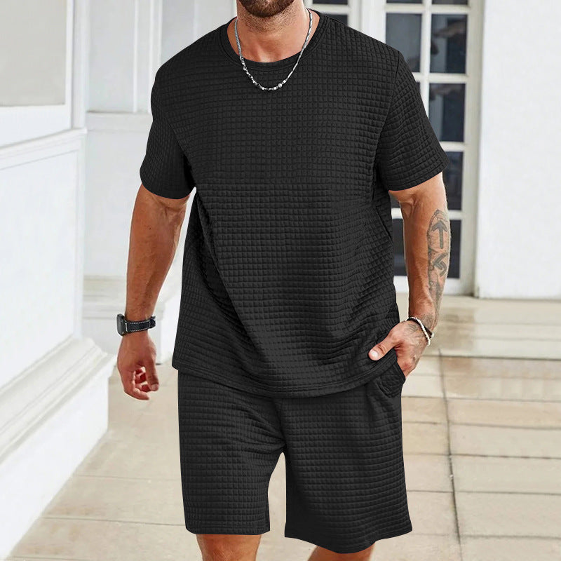 Men's waffle structure lounge and leisure set with wide-cut short-sleeve shirt and shorts with elastic waistband Mune Fashion