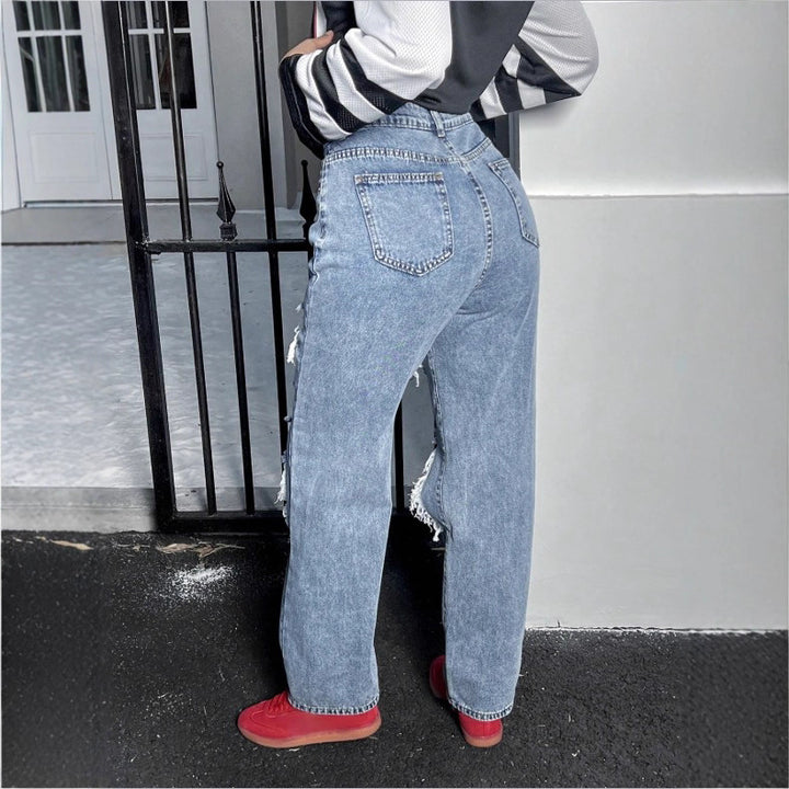 Womens High-Waisted Destroyed Baggy Jeans with Wide Leg and Knee Rips Mune Fashion