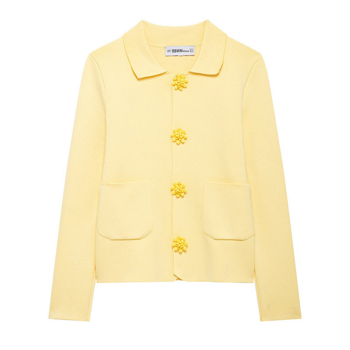 Women 10+ tailored cardigan with shirt collar and floral button decoration Mune Fashion