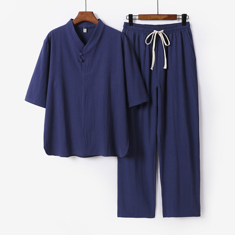 Men's Two-Piece Lightweight Loungewear Set with Stand Collar Short Sleeve Shirt and Drawstring Pants Mune Fashion
