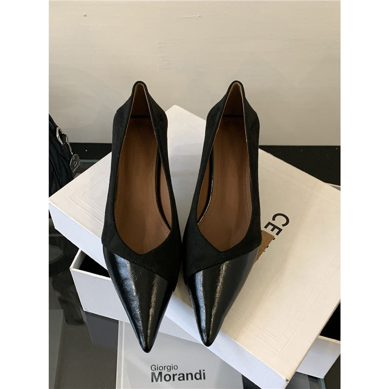 Women's elegant pointed toe pumps made of patent and suede leather with a narrow heel Mune Fashion