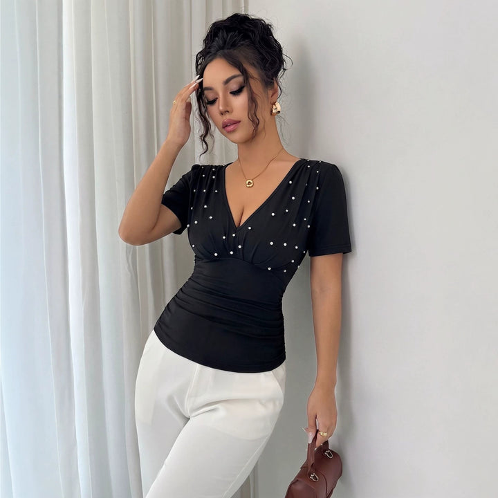 Women nano tailored draped short sleeve top with pearl trim and V-neck Mune Fashion