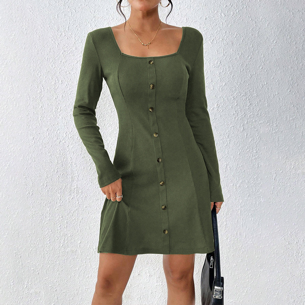 Women’s flared knit corset dress with continuous button placket, square neck and figure-shaping dividing seams Mune Fashion