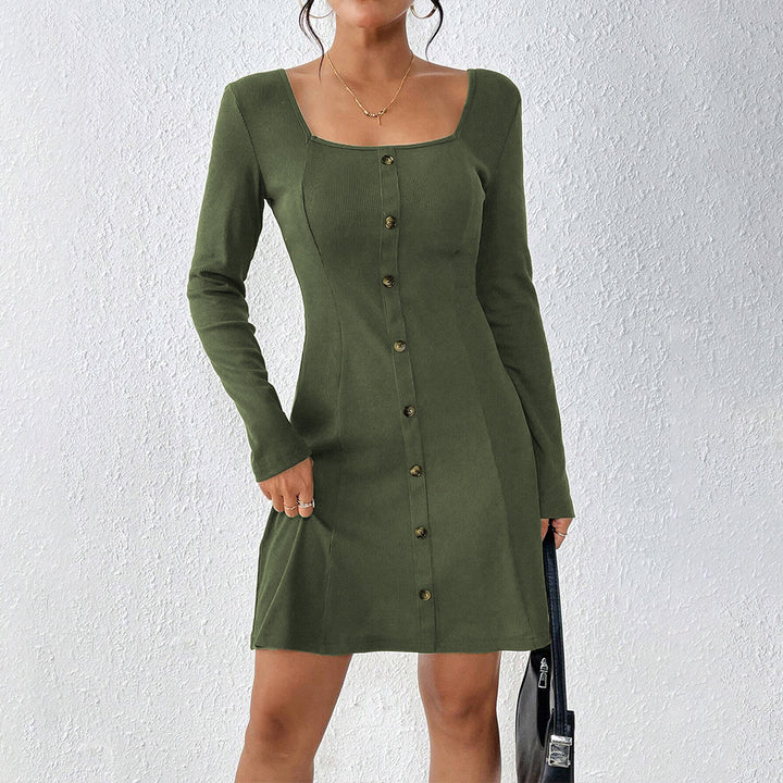 Women’s flared knit corset dress with continuous button placket, square neck and figure-shaping dividing seams Mune Fashion