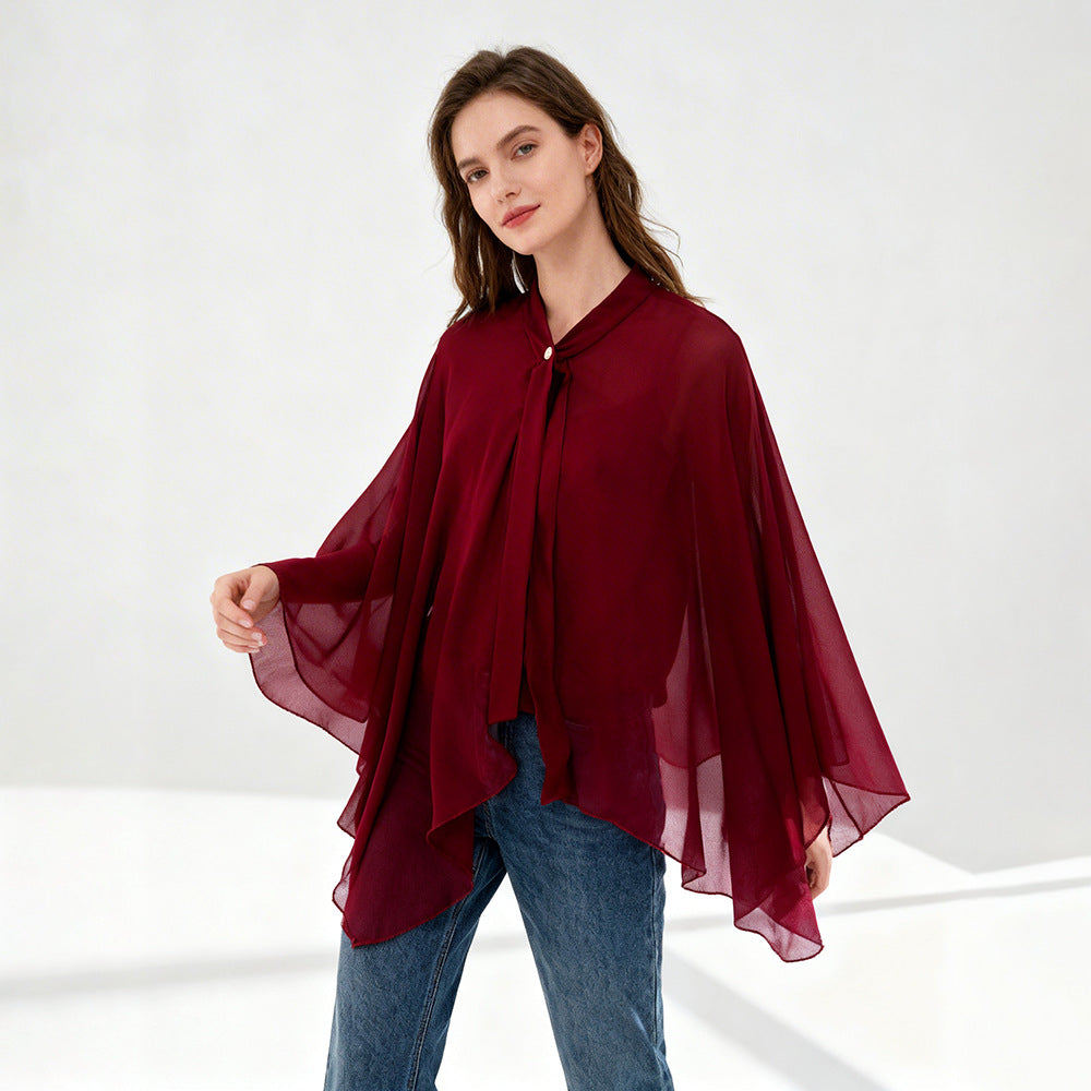 Women's Chiffon Cape with Bow Collar and Decorative Button Mune Fashion
