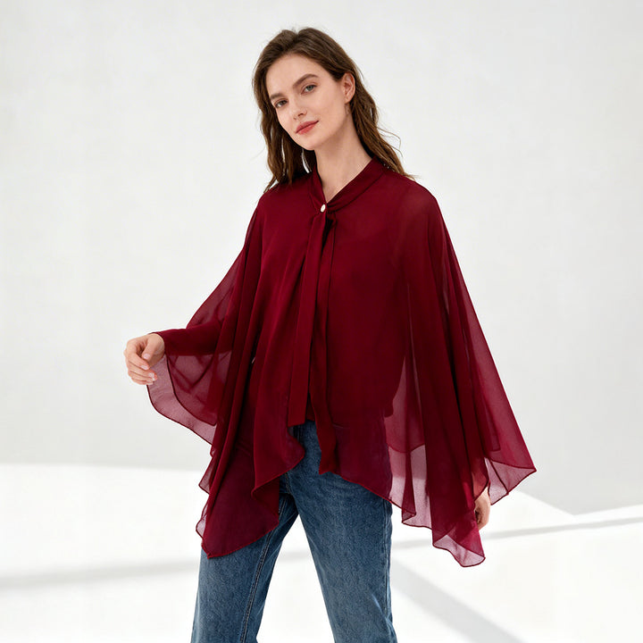 Women's Chiffon Cape with Bow Collar and Decorative Button Mune Fashion
