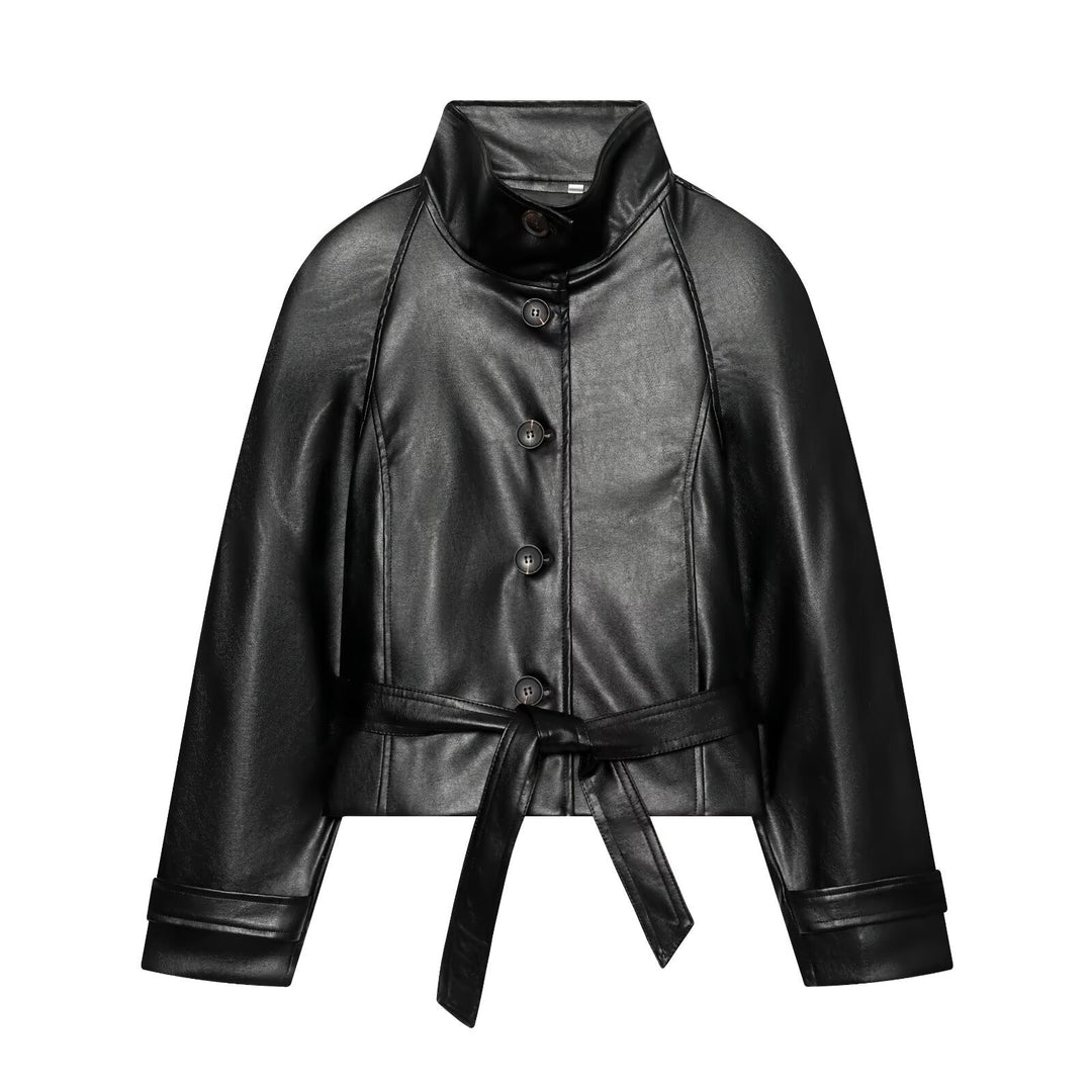 Women's Tailored Cropped Vegan Leather Jacket with Stand Collar and Tie Belt Mune Fashion