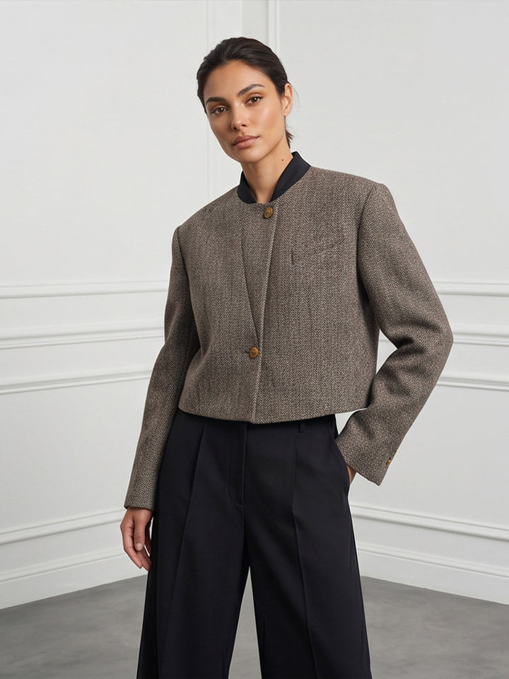 Ladies Short Cut Wool Blazer with Stand-up Collar and Herringbone Pattern Mune Fashion
