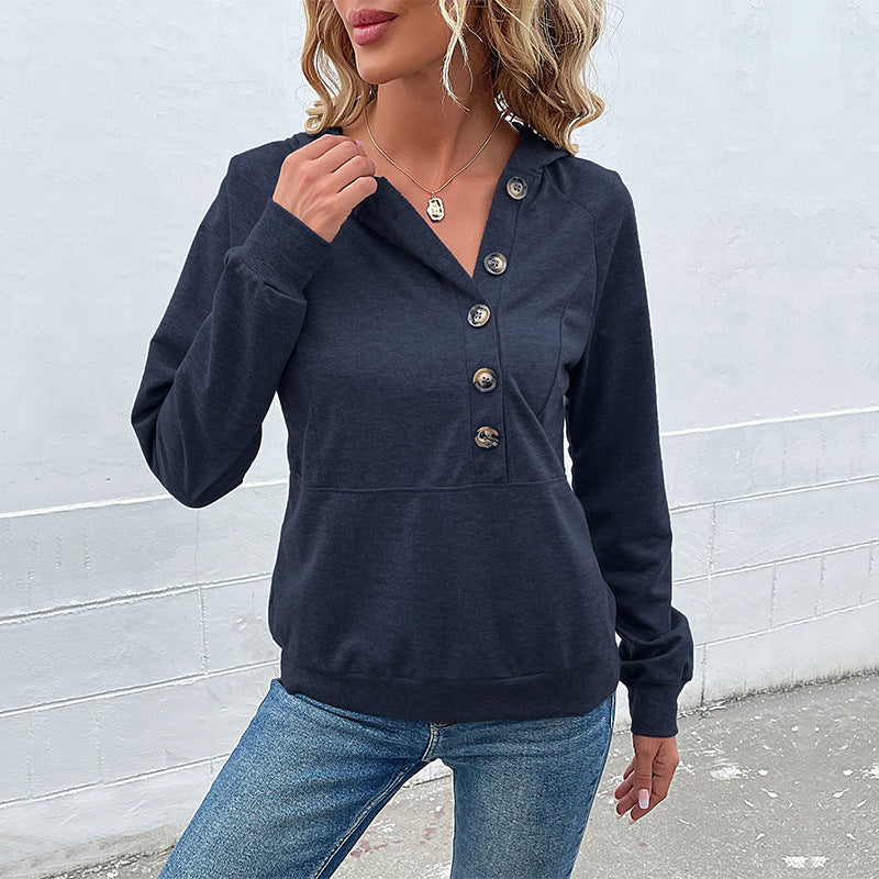 Women's hoodie with decorative button placket, raglan sleeves, and kangaroo pocket Mune Fashion