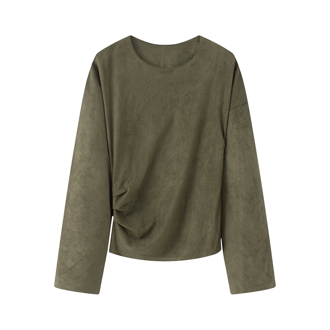 Women's oversized long sleeve shirt with side draping and velvety suede look Mune Fashion