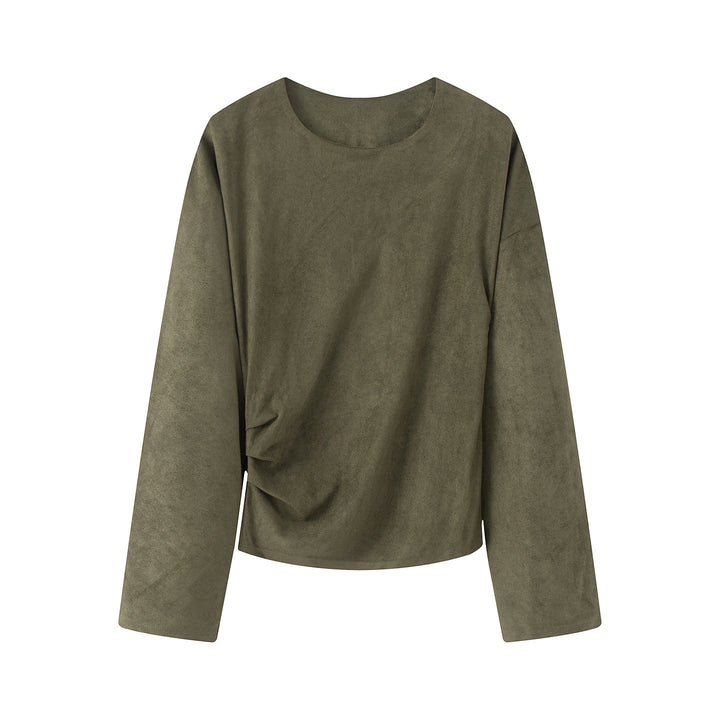 Women's oversized long sleeve shirt with side draping and velvety suede look Mune Fashion