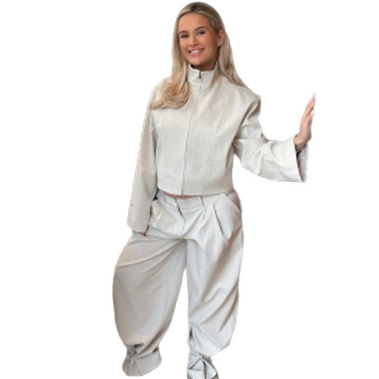 Women's Short Jacket with Stand Collar and Wide Pleated Trousers Set Mune Fashion