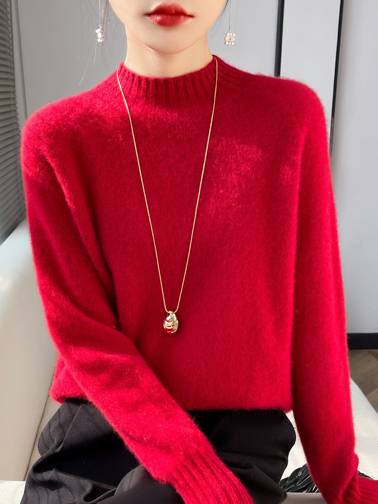 Women's Short Mock Neck Sweater made of fluffy Mohair Blend with boxy silhouette Mune Fashion