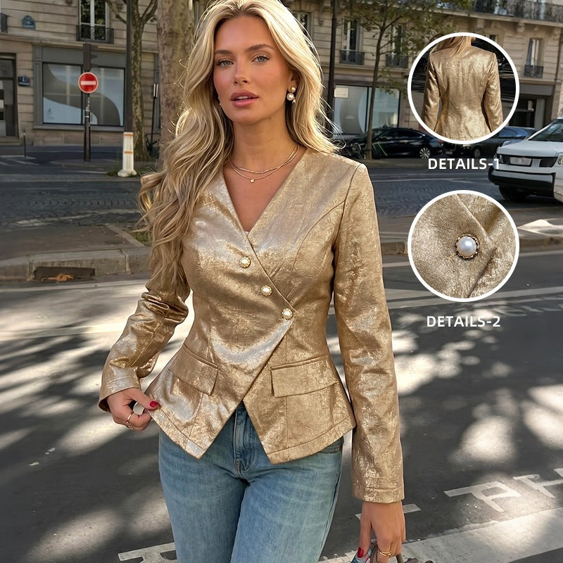 Women's Tailored Blazer with Shimmering Jacquard Texture and Decorative Pearl Buttons Mune Fashion