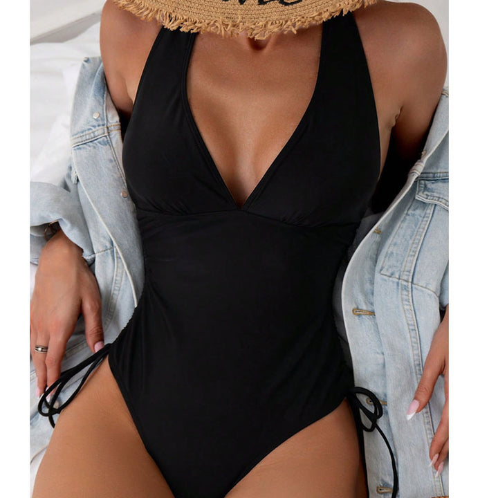 Women's one-piece swimsuit with deep V-neckline and side tie accents Mune Fashion