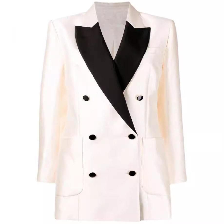 Women’s Short Blazer Dress in Tuxedo Style with Shawl Collar and Double-Breasted Mune Fashion