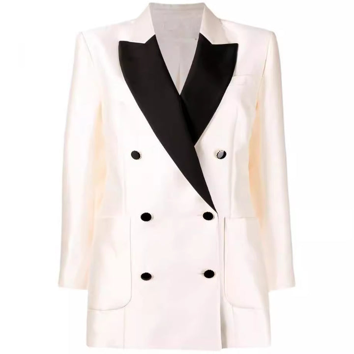 Women’s Short Blazer Dress in Tuxedo Style with Shawl Collar and Double-Breasted Mune Fashion