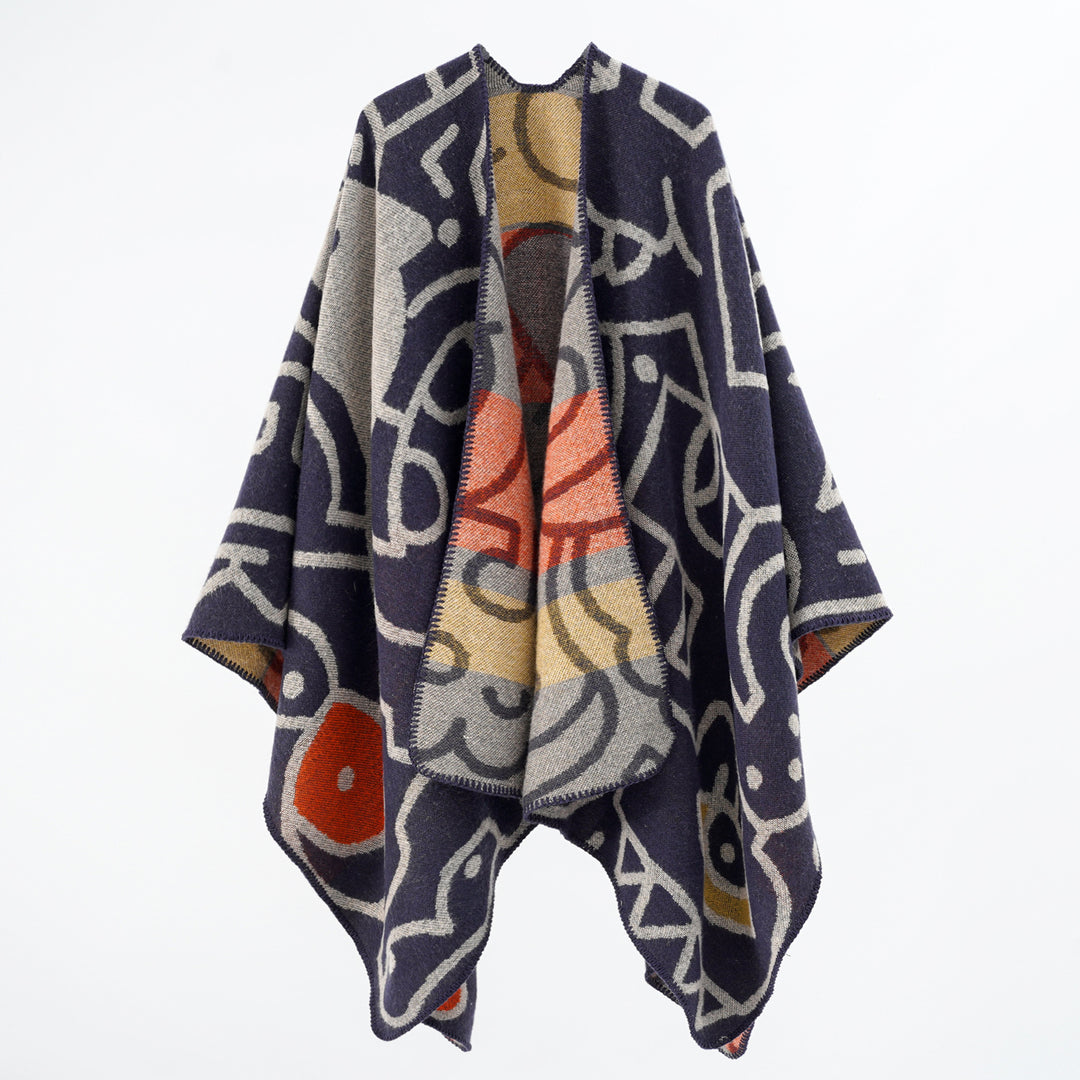 Women's Reversible Knit Poncho in Cozy Cape with Graphic Jacquard Pattern