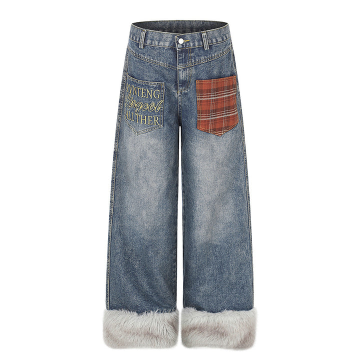 Women wide high-cut denim palazzo pants with check patch pocket and faux fur trim at hem Mune Fashion