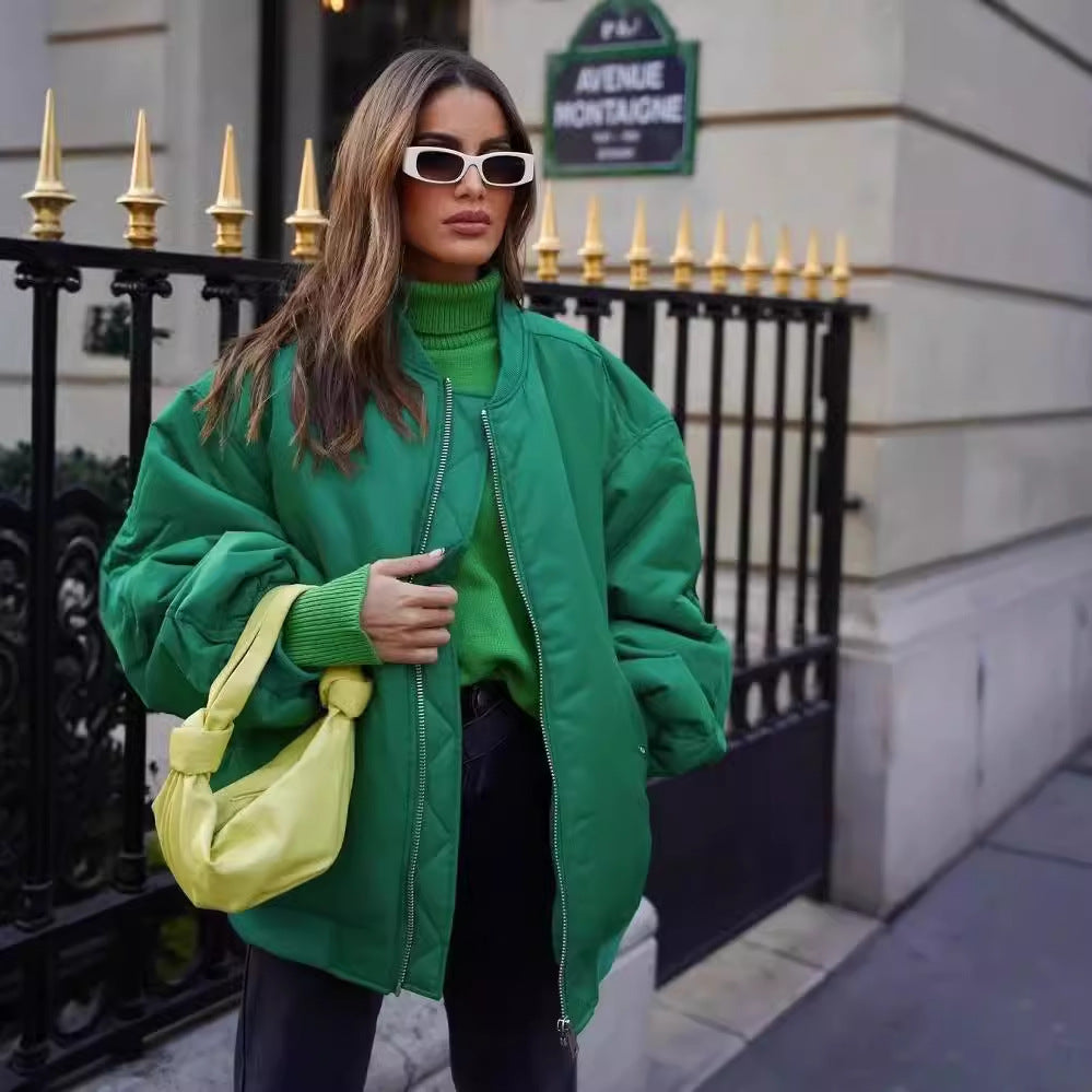 Ladies oversized bomber jacket with stand-up collar, zipper and snap button pockets Mune Fashion