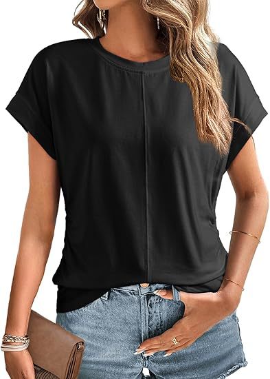 Women's Relaxed-Fit Short Sleeve Shirt with Decorative Center Seams and Cuffed Sleeves Mune Fashion