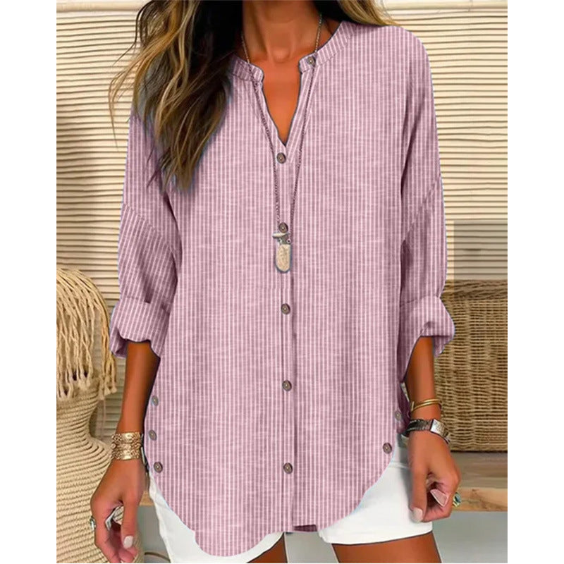 Ladies Oversize Linen Look Tunic Blouse with Stand Collar and Button Placket Mune Fashion