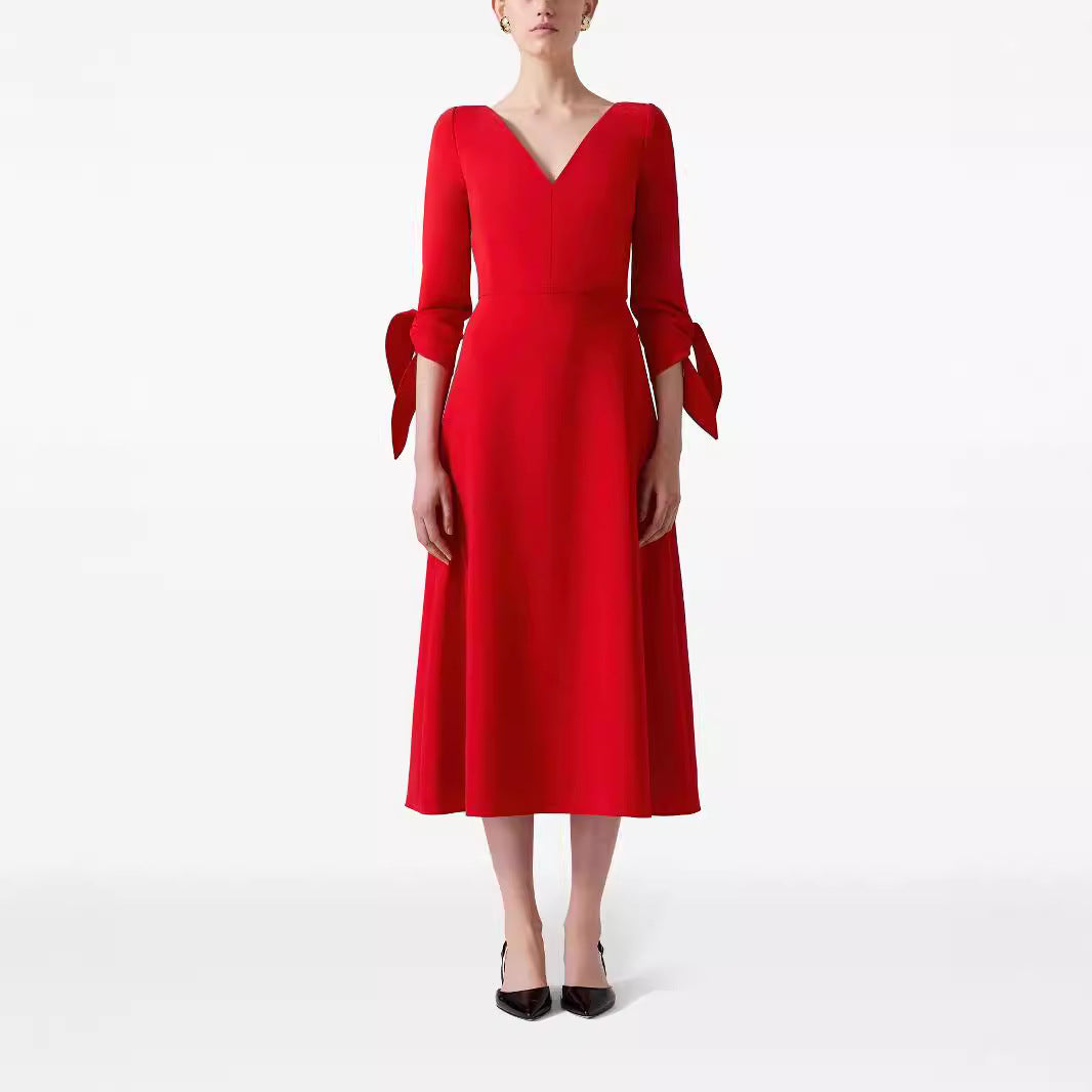 Women's Tailored Midi Dress with V-Neck and Bow Cuffs Mune Fashion