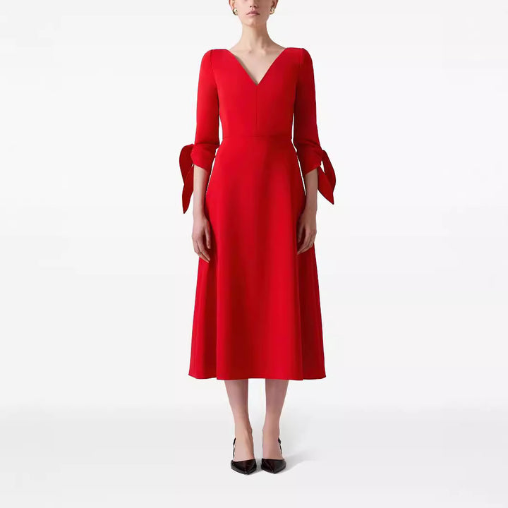 Women's Tailored Midi Dress with V-Neck and Bow Cuffs Mune Fashion