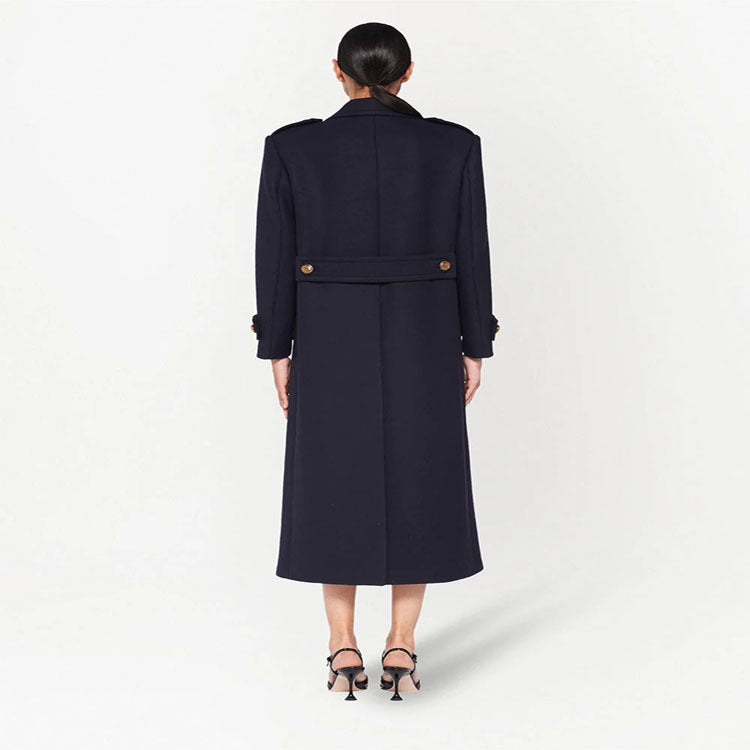 Women Double-breasted military-inspired Maxi Wool Coat with Epaulets and Decorative Straps Mune Fashion