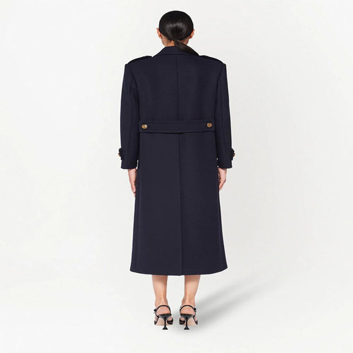 Women Double-breasted military-inspired Maxi Wool Coat with Epaulets and Decorative Straps Mune Fashion