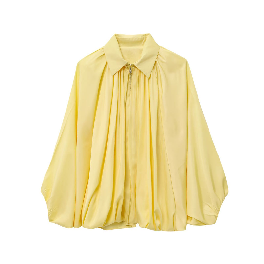 Women's loosely cut cape blouse with continuous zipper, ballooned hem, and gathered sleeves Mune Fashion