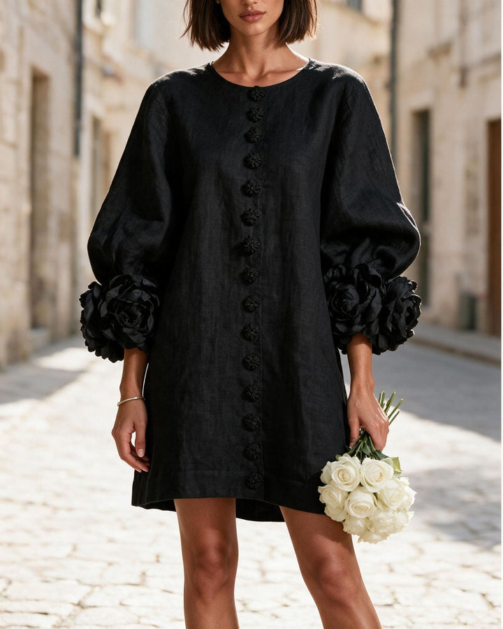 Ladies short dress made of linen with voluminous balloon sleeves and 3D flower cuffs Mune Fashion