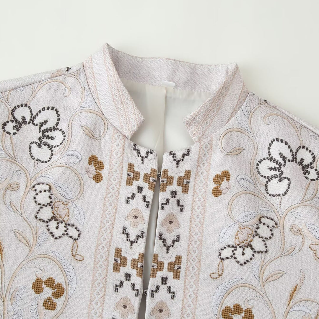 Women embroidered boxy short jacket with stand-up collar and floral embroidery Mune Fashion