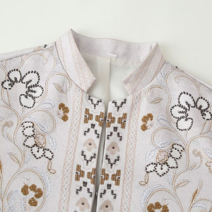 Women embroidered boxy short jacket with stand-up collar and floral embroidery Mune Fashion
