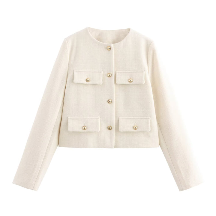 Women Short Boucle Blazer Jacket with Round Neck, Decorative Pocket Flaps, and Gold-Colored Buttons Mune Fashion