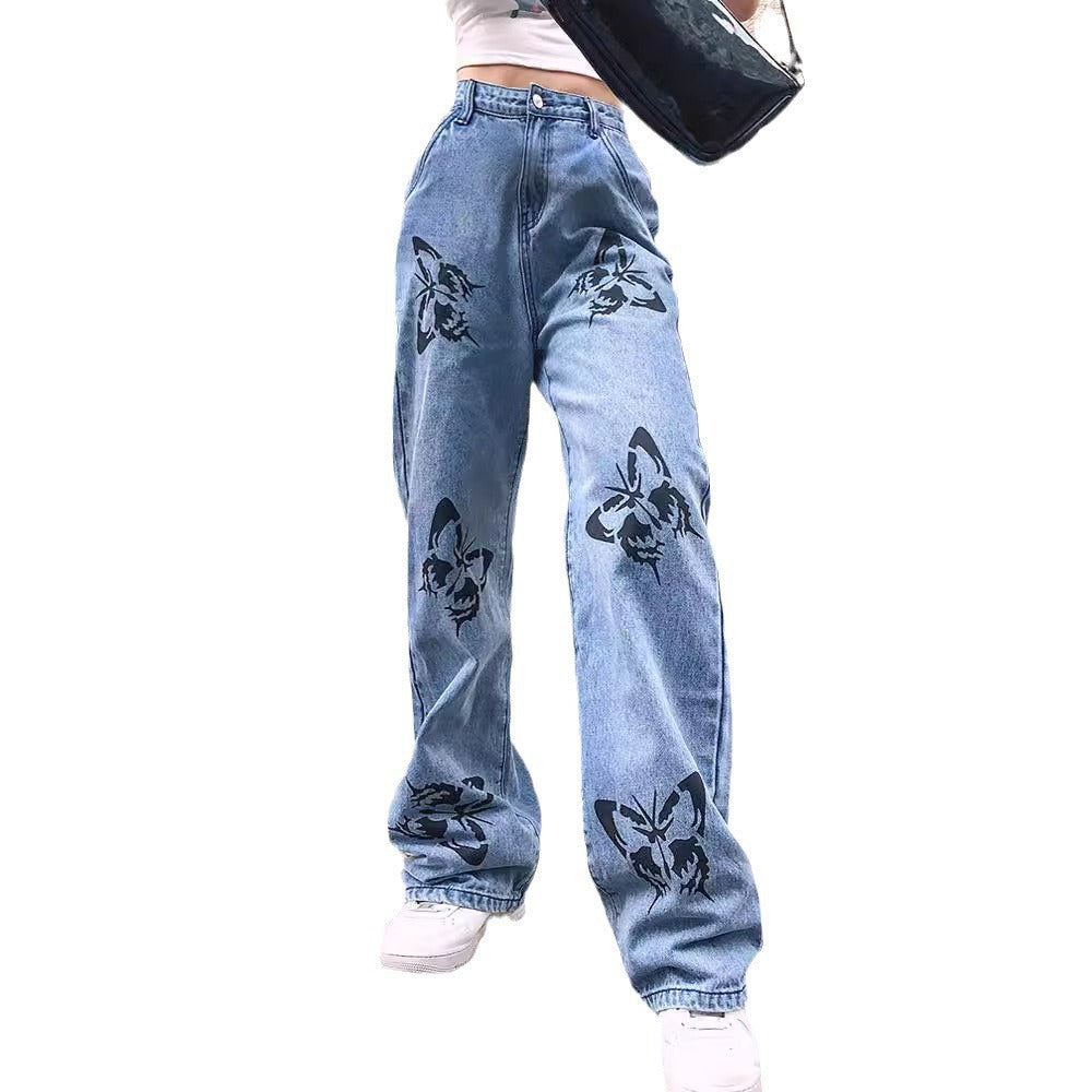 Ladies wide High-Waist jeans with Gothic butterfly print and relaxed straight-leg Mune Fashion